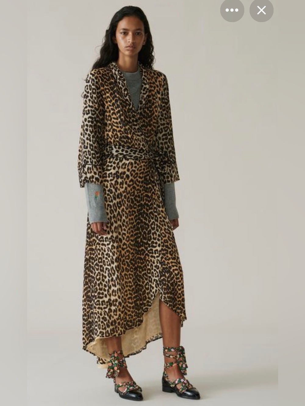 Ganni Mullin Wrap Leopard Print Long Sleeve Dress Small